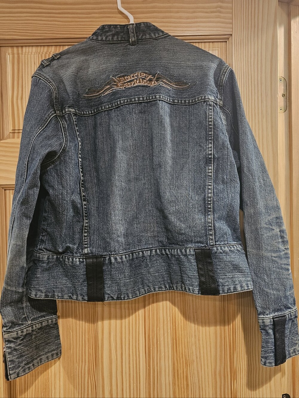Harley-Davidson Denim Jacket Womens XL Leather Trim Grunge Jean Snap Button - Picture 11 of 16
